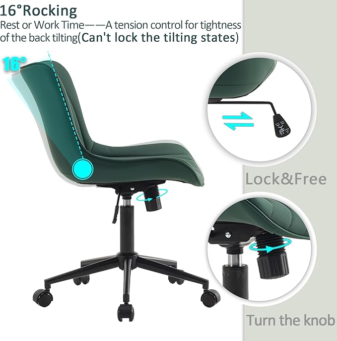 YOUTASTE Dark Green Office Chair Modern Armless Desk Chair with Wheels, Adjustable Swivel Rocking Rolling Computer Gaming Chair, Upholstered Faux Leather Sewing Chairs with Back - LeafyLoom