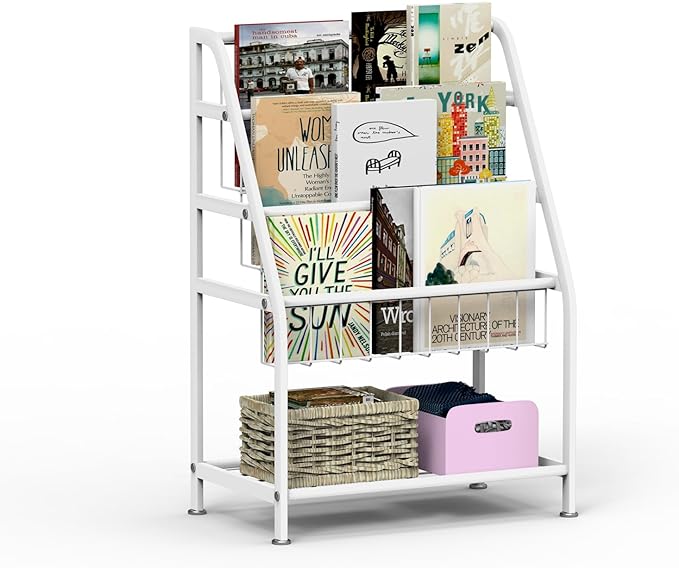 Kids Bookshelf Freestanding for Children Room 18 Inches Small White Metal Bookcase Large Capacity Books Toys Organizer Stable 5 Tiers Kids Book Rack for Playroom Bookstore Library - LeafyLoom