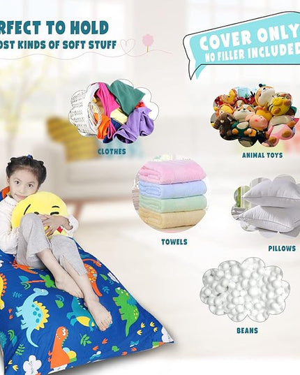 Stuffed Animal Storage Bean Bag Chair Cover, Cotton Blue Dinosaur Plush Toy Storage Stuff and Sit Seat for Kids/Teens/Adults, 52" x 31" Extra Large Triangle Floor Sofa, 200L/52Gal, Cover Only - LeafyLoom