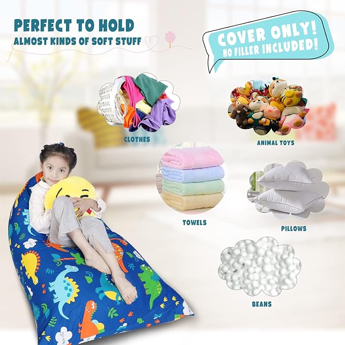 Stuffed Animal Storage Bean Bag Chair Cover, Cotton Blue Dinosaur Plush Toy Storage Stuff and Sit Seat for Kids/Teens/Adults, 52" x 31" Extra Large Triangle Floor Sofa, 200L/52Gal, Cover Only - LeafyLoom