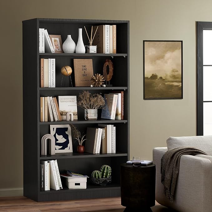 Soohow Grey Bookcase,Bookshelf for Bedroom,60 inches Tall Wood Book case Book Shelves,5 Shelf Book Shelves for Living Room Office - LeafyLoom