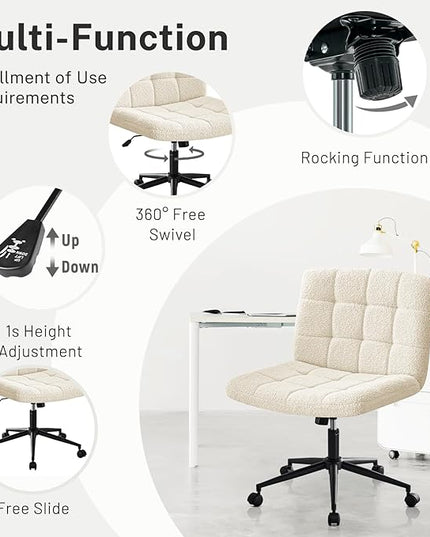 Furniliving Wide Desk Chair, Faux Fur Upholstered Office Chair with Wheels, Adjustable Accent Chair with Thicken Seat, Computer Chair for Living Room, Study Room, Home Office, IvoryWhite - LeafyLoom