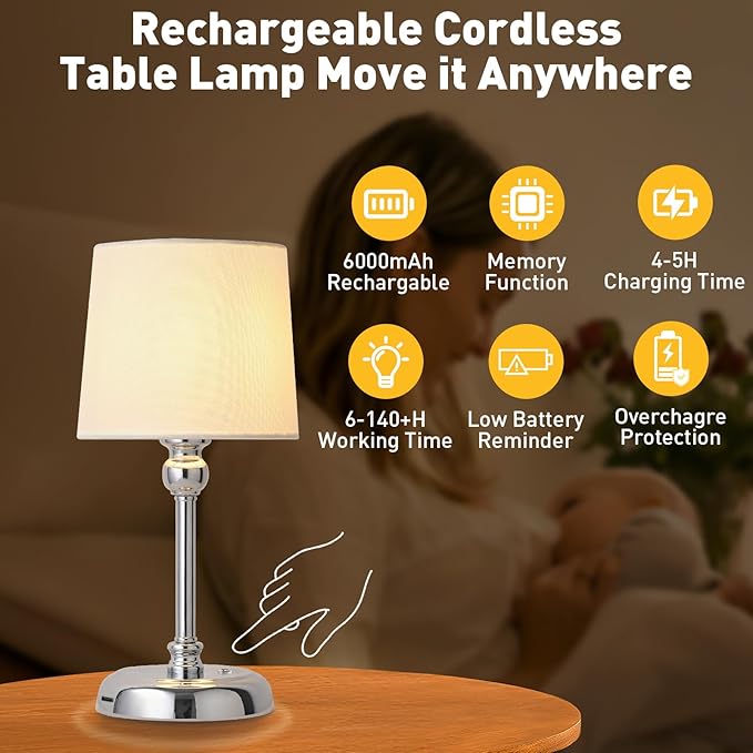 Cordless LED Table Lamp, 6000mAh Rechargeable Bedside Night Lamp for Bedroom, Portable Touch Stepless Dimmable Battery Operated Lamp, Ambient Light for Patio Restaurant(Chrome S) - LeafyLoom