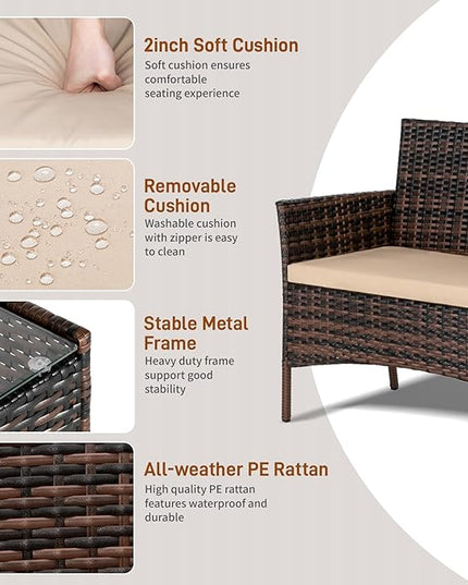 Outvita 4 Pieces Patio Furniture Set, Rattan Conversation Sets with Loveseat Soft Cushion and Glass Table for Garden Backyard Balcony Porch Poolside(Brown Gradient) - LeafyLoom