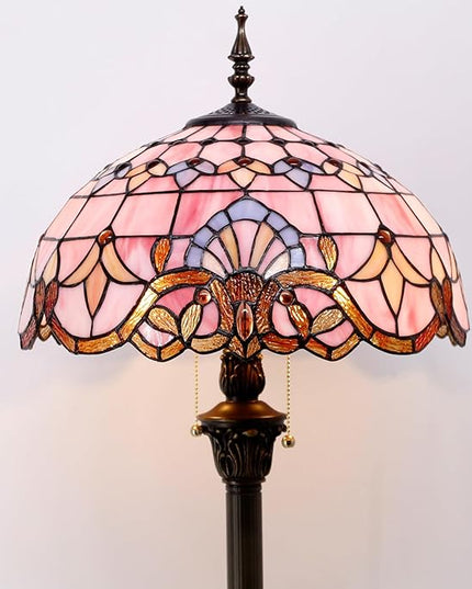 WERFACTORY Tiffany Floor Lamp Pink Baroque Stained Glass Standing Reading Light 16X16X64 Inches Antique Pole Corner Lamp Decor Bedroom Living Room Home Office S003P Series - LeafyLoom