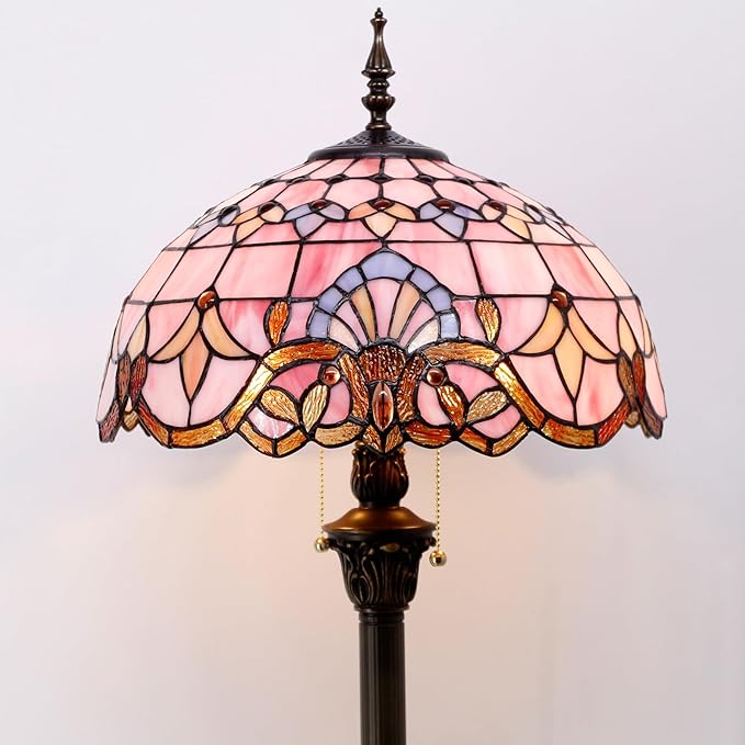 WERFACTORY Tiffany Floor Lamp Pink Baroque Stained Glass Standing Reading Light 16X16X64 Inches Antique Pole Corner Lamp Decor Bedroom Living Room Home Office S003P Series - LeafyLoom