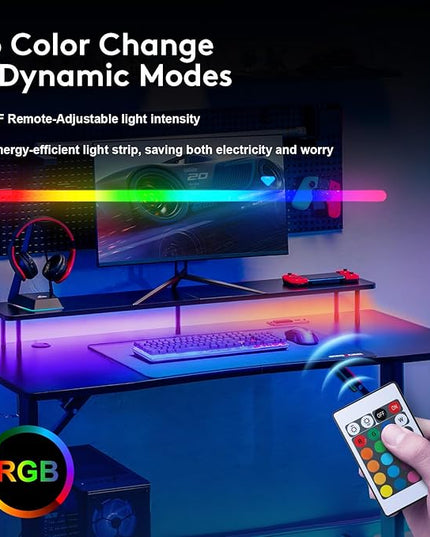 GTRACING 55 Inch Gaming Desk with LED Lights, Computer Gamer Desk with Monitor Stand, Ergonomic Carbon Fiber Surface Gaming Table with Mouse Pad for Home Office, RGB - LeafyLoom