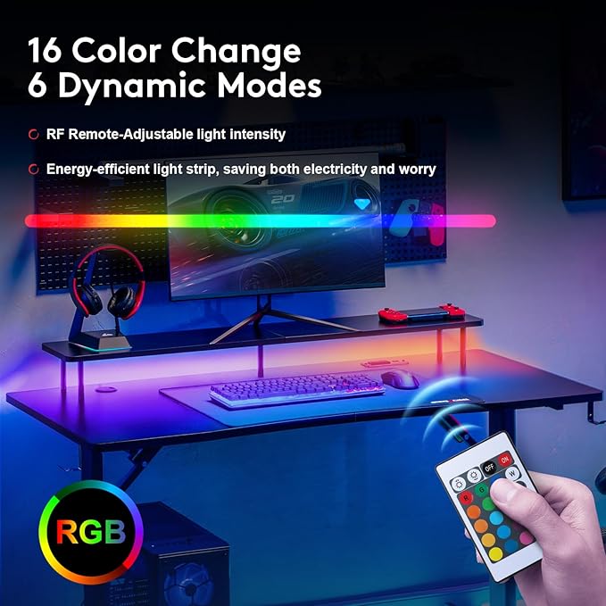 GTRACING 55 Inch Gaming Desk with LED Lights, Computer Gamer Desk with Monitor Stand, Ergonomic Carbon Fiber Surface Gaming Table with Mouse Pad for Home Office, RGB - LeafyLoom