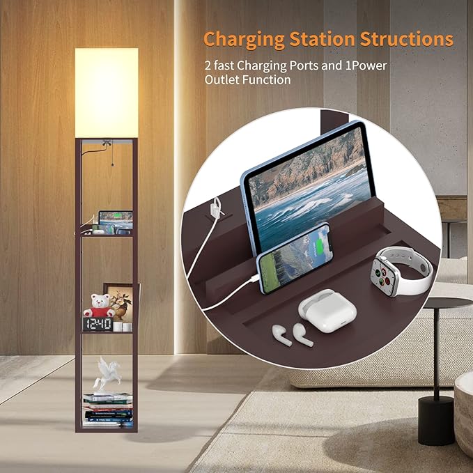 PAZZO Floor Lamp with Shelves, Shelf Floor Lamps by Solid Wood with 2 Charging Ports and 1 Power Outlet, Floor Lamps for Bedrooms, Lamps for Living Room, Brown Color - LeafyLoom