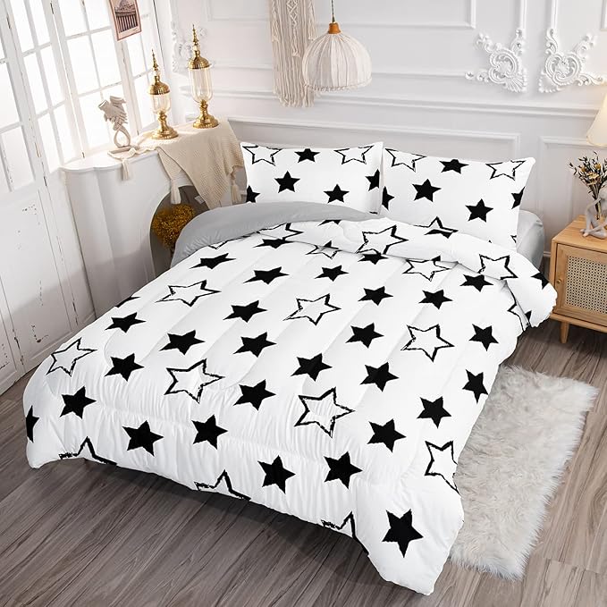 Axolotl Kids Full Bedding Comforter Set,3Pcs Super Cute Soft Black and White Stars Quilt Set Bed in A Bag with 1 Comforter 2 Pillowcases for Kids Boys Girls Teens Adults Room Decor All Season - LeafyLoom