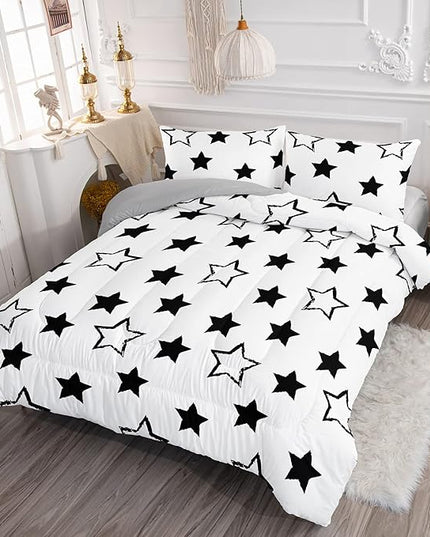 Axolotl Kids Queen Bedding Comforter Set,3Pcs Super Cute Soft Black and White Stars Quilt Set Bed in A Bag with 1 Comforter 2 Pillowcases for Kids Boys Girls Teens Adults Room Decor All Season - LeafyLoom
