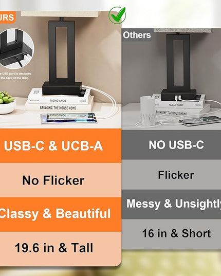 Seealle Bedroom Lamps for Night Stands - Touch Control, 3 Way Dimmable, USB C+A Charging, LED Bulbs, Easy Assembly - LeafyLoom