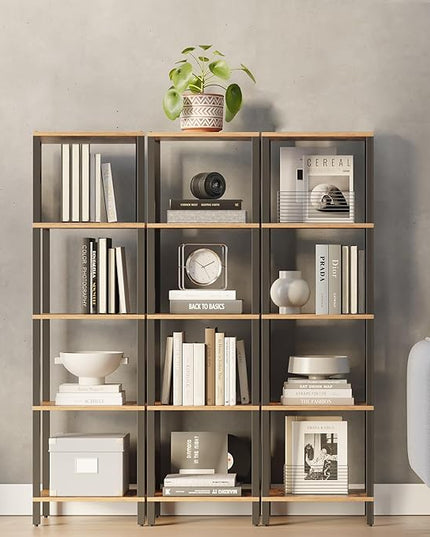 TUTOTAK Bookshelf, 5-Tier Tall Book Shelf, Narrow Bookcase for Small Space, DIY Stackable Bookshelf, for Living Room, Office, Study, Entryway, Industrial, Rustic Brown and Black BS01BB005 - LeafyLoom