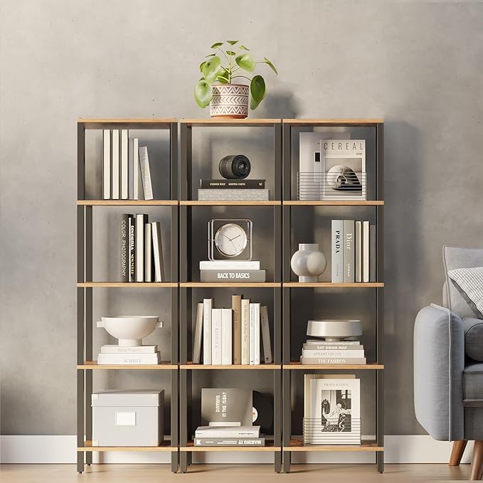 TUTOTAK Bookshelf, 5-Tier Tall Book Shelf, Narrow Bookcase for Small Space, DIY Stackable Bookshelf, for Living Room, Office, Study, Entryway, Industrial, Rustic Brown and Black BS01BB005 - LeafyLoom