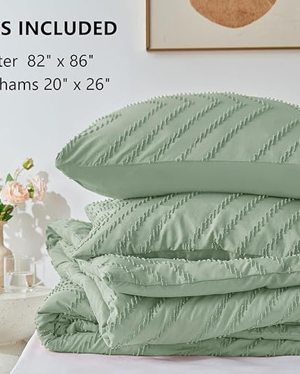 CozyLux Full Size Comforter Set Sage Green - 3 Pieces Boho Tufted Shabby Chic Bedding Comforter Set for All Seasons, Chevron Bedding Sets with Comforter & 2 Pillow Shams - LeafyLoom