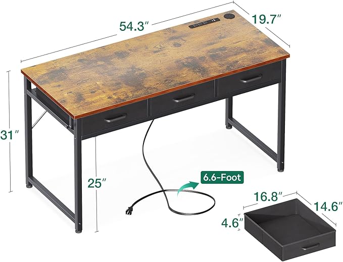 AODK 54 Inch Computer Desk with 3 Fabric Drawers, Office Desk with USB/Type-C Charging Ports & Power Outlets, Vanity Desk with Iron Hook for Bedroom, Study/Writing/Work Table for Bedroom, Vintage - LeafyLoom