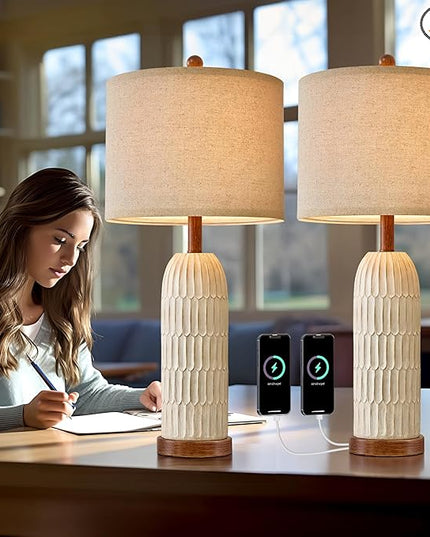 OYEARS 26.5" Table Lamp Set of 2 for Bedroom Living Room with USB A+C Charging Ports Modern Farmhouse Bedside End Lamps Rustic Nightstand Lamps,Brown - LeafyLoom