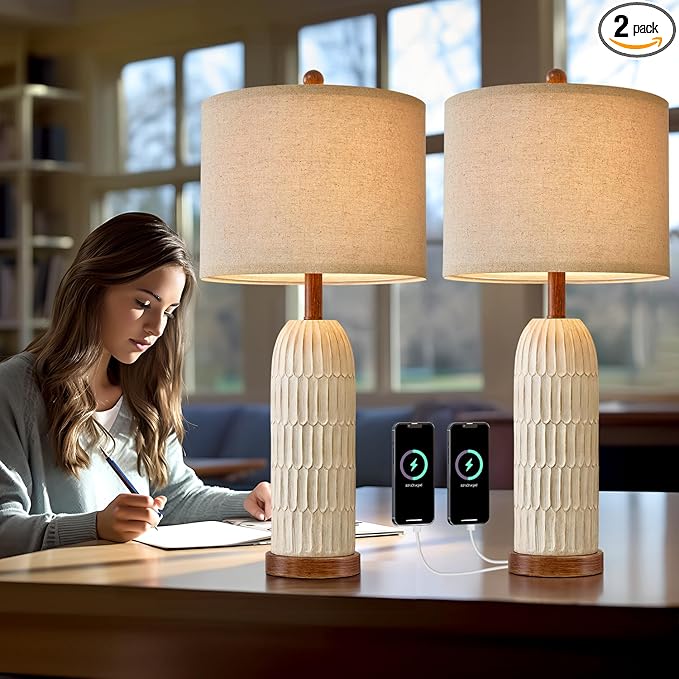 OYEARS 26.5" Table Lamp Set of 2 for Bedroom Living Room with USB A+C Charging Ports Modern Farmhouse Bedside End Lamps Rustic Nightstand Lamps,Brown - LeafyLoom