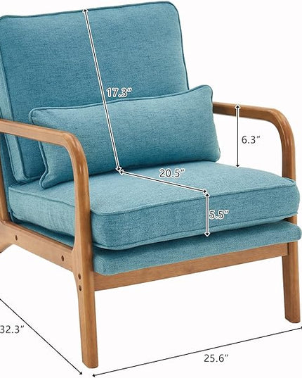 Bonnlo LinenTeal Mid Century Modern Accent Chair, Soild Wood Padding Lounge Armchairs Side Sitting Chairs for Living Room, Bedroom, Guest Room - LeafyLoom