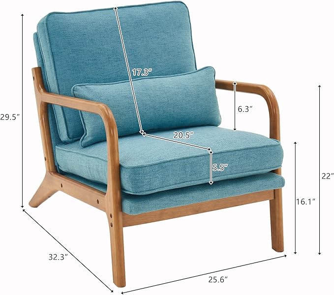 Bonnlo LinenTeal Mid Century Modern Accent Chair, Soild Wood Padding Lounge Armchairs Side Sitting Chairs for Living Room, Bedroom, Guest Room - LeafyLoom