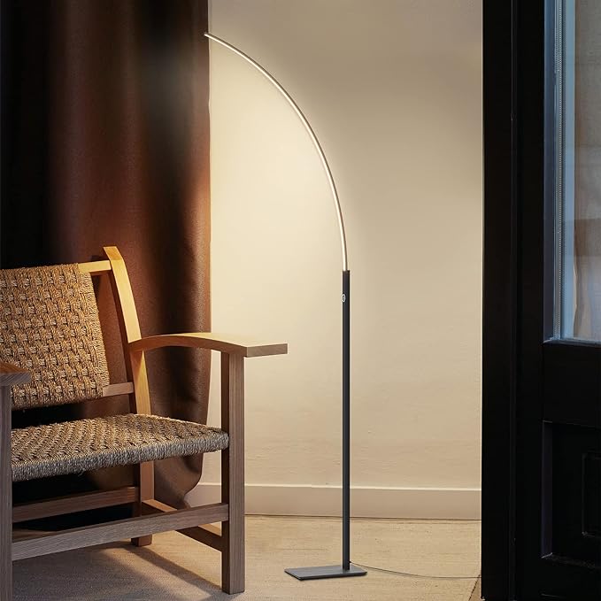 TACAHE Arc Corner Floor Lamp - 3000K Warm White & 3 Brightness Presets - Curved LED Accent Lamp with Touch Switch - 63" Modern Standing Lamp for Bedroom, Living Room - 12W - Black - LeafyLoom