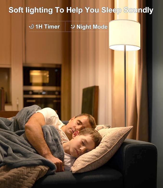LED Floor Lamp for Living Room,Dimmable Standing Lamps with Lampshade and LED Bulb,Custom Color Temperature Tall Lamp for Bedroom with Foot Switch and Remote,Black Pole Lamp for Kid Room - LeafyLoom