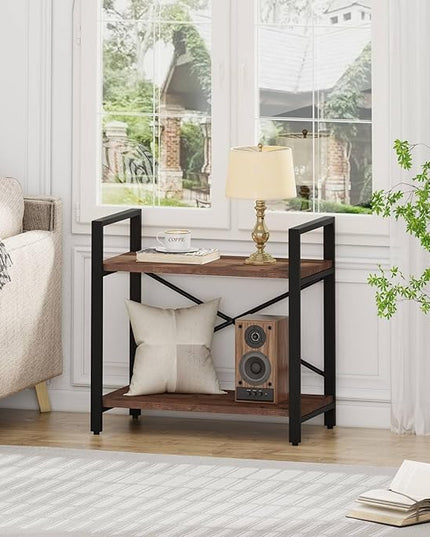 BON AUGURE Small Short Bookshelf, Wood 2 Shelf Etagere Bookcase, Metal Low Book Shelf for Small Spaces Living Room, Bedroom, Office (Rustic Oak) - LeafyLoom