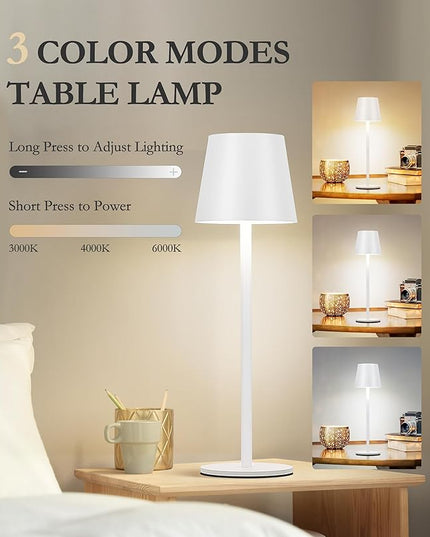 2Pack Cordless Table Lamp, 5200mAh IP54 Waterproof Rechargeable Battery Desk Lamp, 3 Color Stepless Dimming Up, Battery Operated Lamp for Kitchen/Bedside/Outdoor/Restaurant/Camping (White) - LeafyLoom