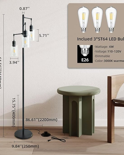 3-Lights Floor Lamp with On/Off Foot Switch, Farmhouse Glass Floor Lamp Tall Pole Lamp for Living Room Bedroom Office，Industrial Black Tree Standing Lamp, LED 3 Bulbs Included - LeafyLoom