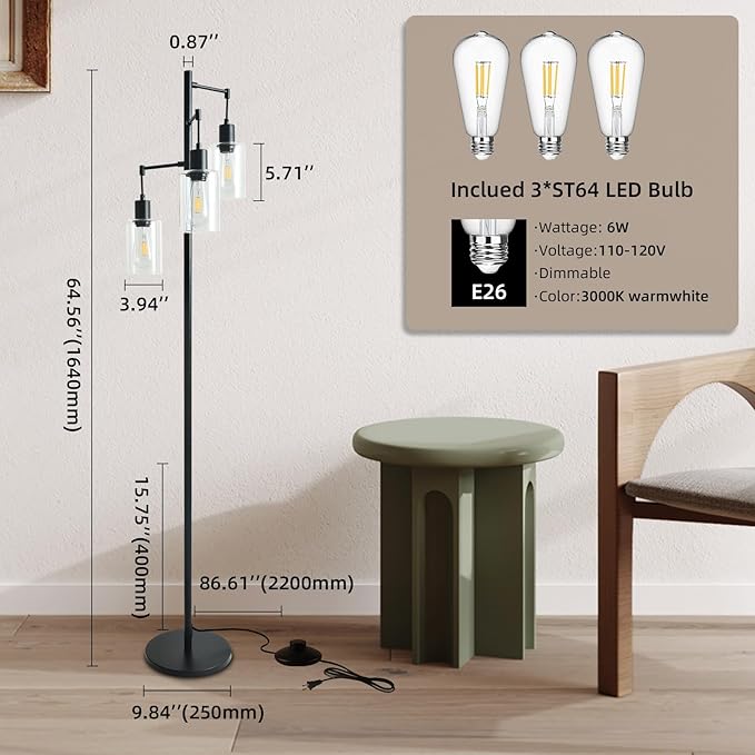 3-Lights Floor Lamp with On/Off Foot Switch, Farmhouse Glass Floor Lamp Tall Pole Lamp for Living Room Bedroom Office，Industrial Black Tree Standing Lamp, LED 3 Bulbs Included - LeafyLoom