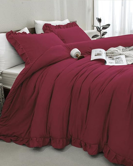 Andency Burgundy Twin Size Comforter Set for Kids Girls, 2 Pieces Solid Shabby Chic Ruffle Bedding Comforters & Sets, Soft Cozy Lightweight Down Alternative Twin Bed Set for All Season - LeafyLoom
