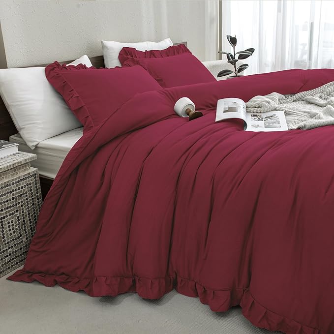 Andency Burgundy Comforter Set King, 3 Pieces Farmhouse Shabby Chic Ruffle Comforter, Lightweight Fluffy Soft Microfiber All Season Solid Bed Comforter Set (1 Ruffle Comforter & 2 Pillowcases) - LeafyLoom