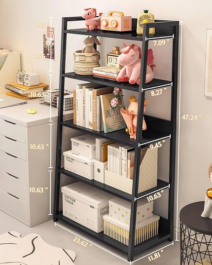 IOTXY 5-Tier Ladder Shelf Bookcase - Wood and Metal Modern Standing Bookshelf, Open Book Shelves Storage Rack, for Home Office, Living Room, Kitchen, Bedroom, Black - LeafyLoom