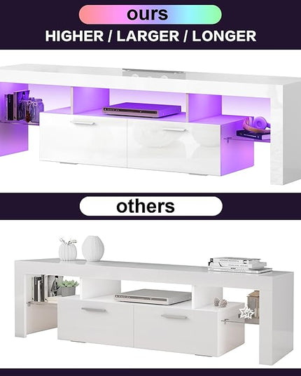 Clikuutory Modern LED 71 inch long TV Stand with Storage Drawer for 50 55 60 65 70 75 80 Inch TVs, White Wood TV Console with High Glossy Entertainment Center for Gaming, Living Room, Bedroom - LeafyLoom