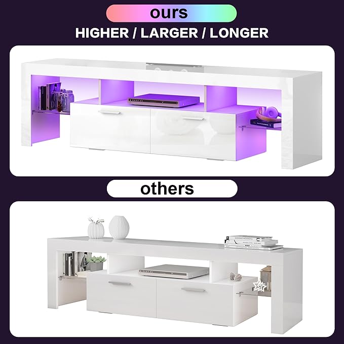 Clikuutory Modern LED 71 inch long TV Stand with Storage Drawer for 50 55 60 65 70 75 80 Inch TVs, White Wood TV Console with High Glossy Entertainment Center for Gaming, Living Room, Bedroom - LeafyLoom
