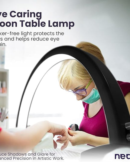 Neatfi Half Moon LED Table Lamp for Estheticians, Nail Tech, and Cosmetician, 1600 Lumens, Dimmable, 3 Light Modes, 40W, 2700K-5600K, Nail Art, Facial, Waxing, Threading, Tattoo (Modern, Black) - LeafyLoom