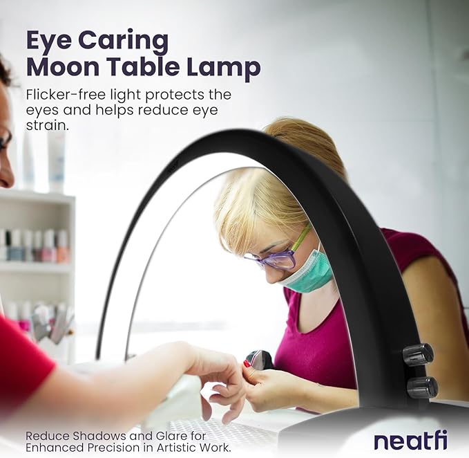 Neatfi Half Moon LED Table Lamp for Estheticians, Nail Tech, and Cosmetician, 1600 Lumens, Dimmable, 3 Light Modes, 40W, 2700K-5600K, Nail Art, Facial, Waxing, Threading, Tattoo (Modern, Black) - LeafyLoom