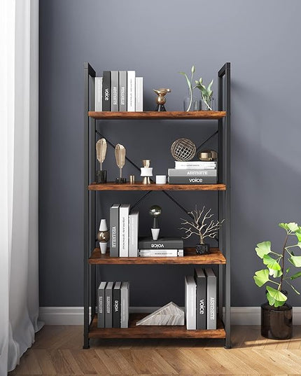 VERMESS 4-Tier Bookshelf, 24 inch Wood Bookcase with Open Shelves, Rustic Brown Book Shelf Storage Shelving Unit, Industrial Standing Bookshelves Metal Frame Display Rack for Living Room, Bedroom - LeafyLoom