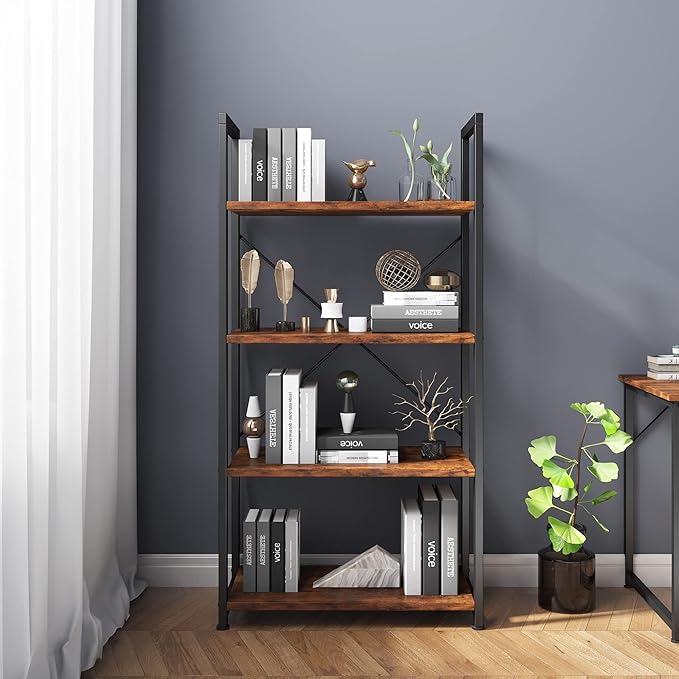 VERMESS 4-Tier Bookshelf, 24 inch Wood Bookcase with Open Shelves, Rustic Brown Book Shelf Storage Shelving Unit, Industrial Standing Bookshelves Metal Frame Display Rack for Living Room, Bedroom - LeafyLoom