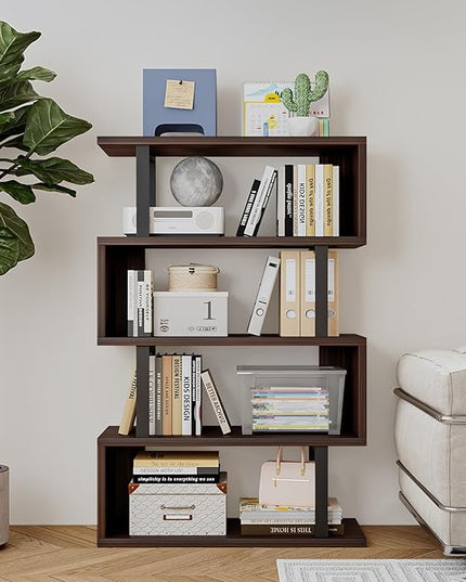 Bookshelf geometric bookcase S Shaped industrial bookshelf Storage Display Stand Shelf for Living Room Bedroom and office Room (Black, 4 Tier) - LeafyLoom