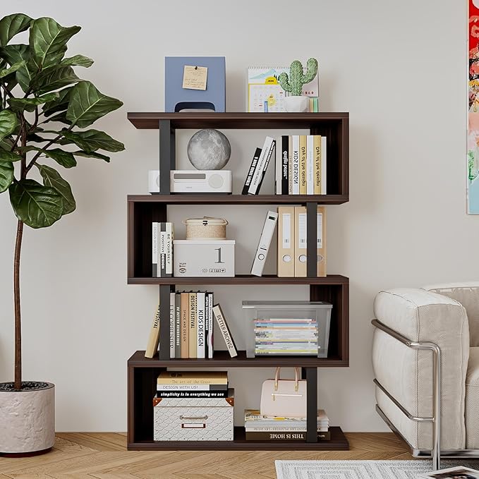 Bookshelf geometric bookcase S Shaped industrial bookshelf Storage Display Stand Shelf for Living Room Bedroom and office Room (Black, 4 Tier) - LeafyLoom