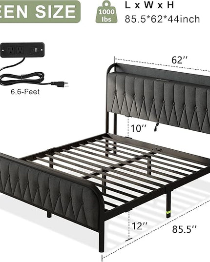 Feonase Queen Bed Frame with Type-C & USB Port, Metal Platform Beds, with Linen Upholstered Headboard & Footboard, 12" Underbed Storage Space, Easy Assembly, Noise-Free, Dark Gray - LeafyLoom