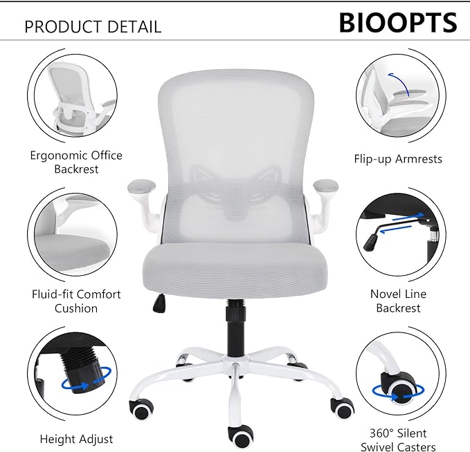 Office Chair Mesh Desk Chair with Flip Up Armrests Computer Chair Lumbar Support Ergonomic Chair Adjustable Swivel and Height Gaming Chair for Adults and Teens (NEW-GREY, Classic) - LeafyLoom