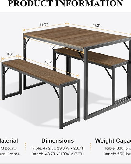 SHA CERLIN 3-Piece Dining Table Set with 2 Benches, Rustic Kitchen Table Set for 4-6, Space-Saving Dinette, Sturdy Structure, Easy Assemble, Brown/Grey - LeafyLoom