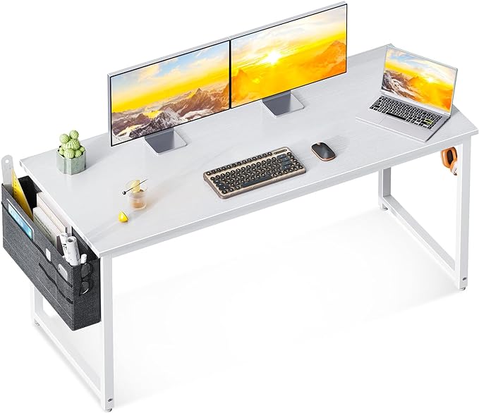 ODK Computer Desk Large Office Desk, 55 Inch Gaming Desk with Storage, Modern PC Desk Work Table with Headphone Hook for Home Office, White + White Leg - LeafyLoom