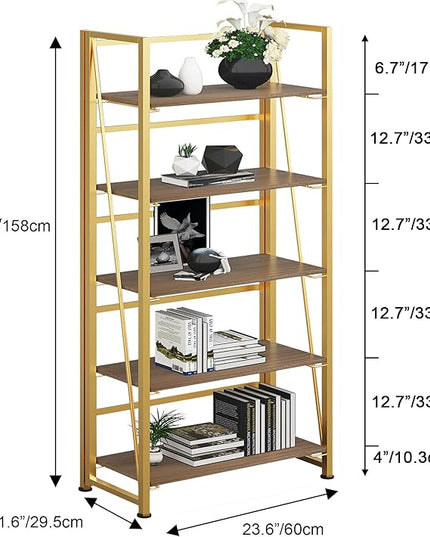 No-Assembly Folding Gold Bookshelf Storage Shelves 5 Tiers Vintage Multifunctional Plant Flower Stand Storage Rack Shelves Bookcase for Home Office - LeafyLoom