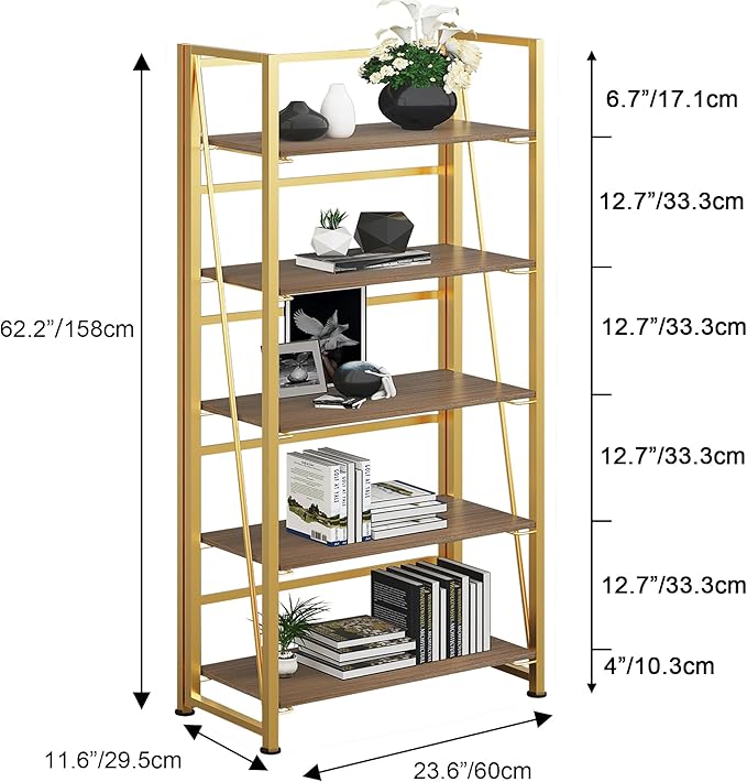 No-Assembly Folding Gold Bookshelf Storage Shelves 5 Tiers Vintage Multifunctional Plant Flower Stand Storage Rack Shelves Bookcase for Home Office - LeafyLoom