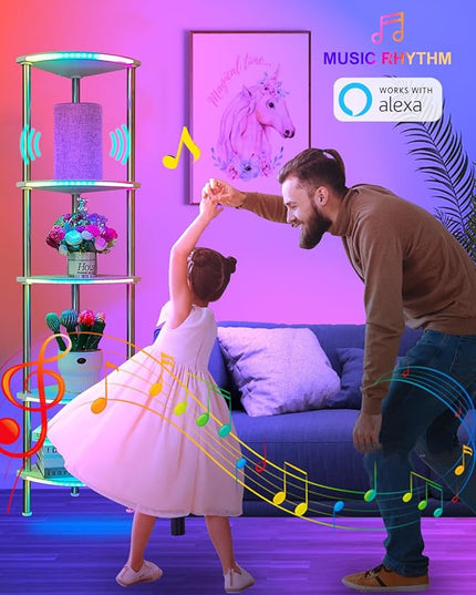 Floor Lamp with Shelves Corner Shelf with Lights Standing Lamp with Charging Stake APP Control Music Sync Multicolor Corner Lamp for Living Room White 5 Tier - LeafyLoom