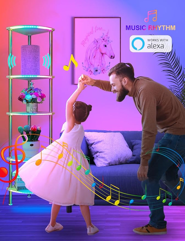 Floor Lamp with Shelves Corner Shelf with Lights Standing Lamp with Charging Stake APP Control Music Sync Multicolor Corner Lamp for Living Room White 5 Tier - LeafyLoom
