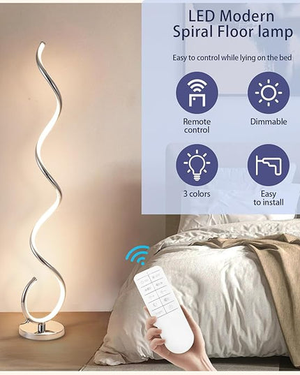 ADISUN LED Modern Floor Lamp for Living Room, Spiral Floor Lamp for Bedroom, 48W Dimmable Floor Lamp for Living Room Office Dining Room-Silver,Remote Control - LeafyLoom